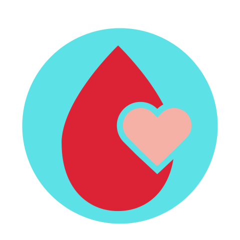Red droplet shape with pink heart overlay